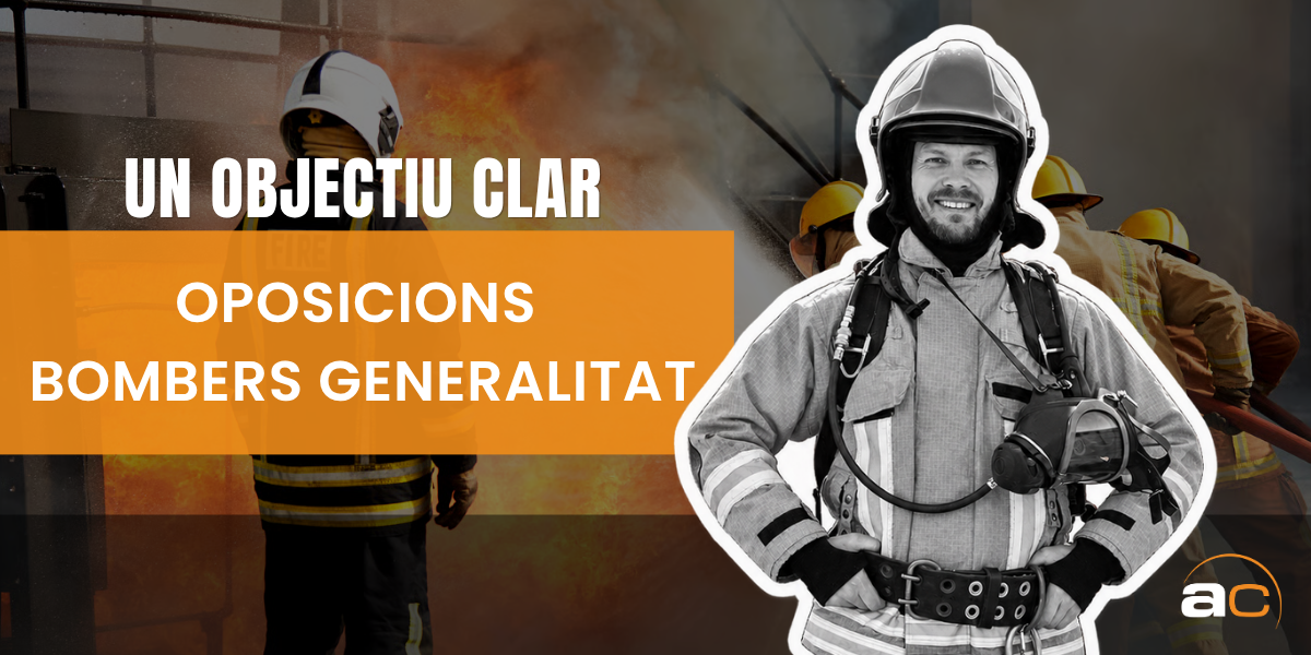 Imatge de capçalera del blog sobre les oposicions Bombers Generalitat. Mostra un bomber amb equip d’intervenció davant d’una escena d’emergència, acompanyat del missatge motivacional “Un objectiu clar”. La imatge reforça la idea de preparació, constància i compromís necessaris per avançar cap a l’objectiu de ser bomber.