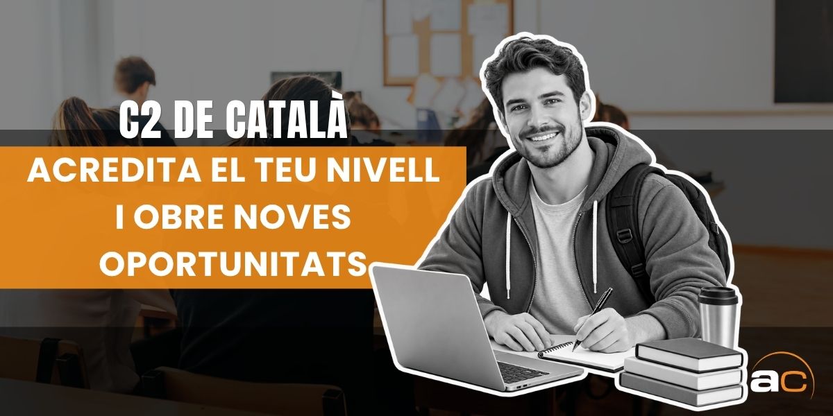 Imagen de AulaCat sobre la preparación del C2 de català, con un estudiante trabajando con su portátil y material de estudio. La creatividad destaca la importancia de acreditar un nivel avanzado de catalán y las oportunidades académicas y profesionales que puede aportar.