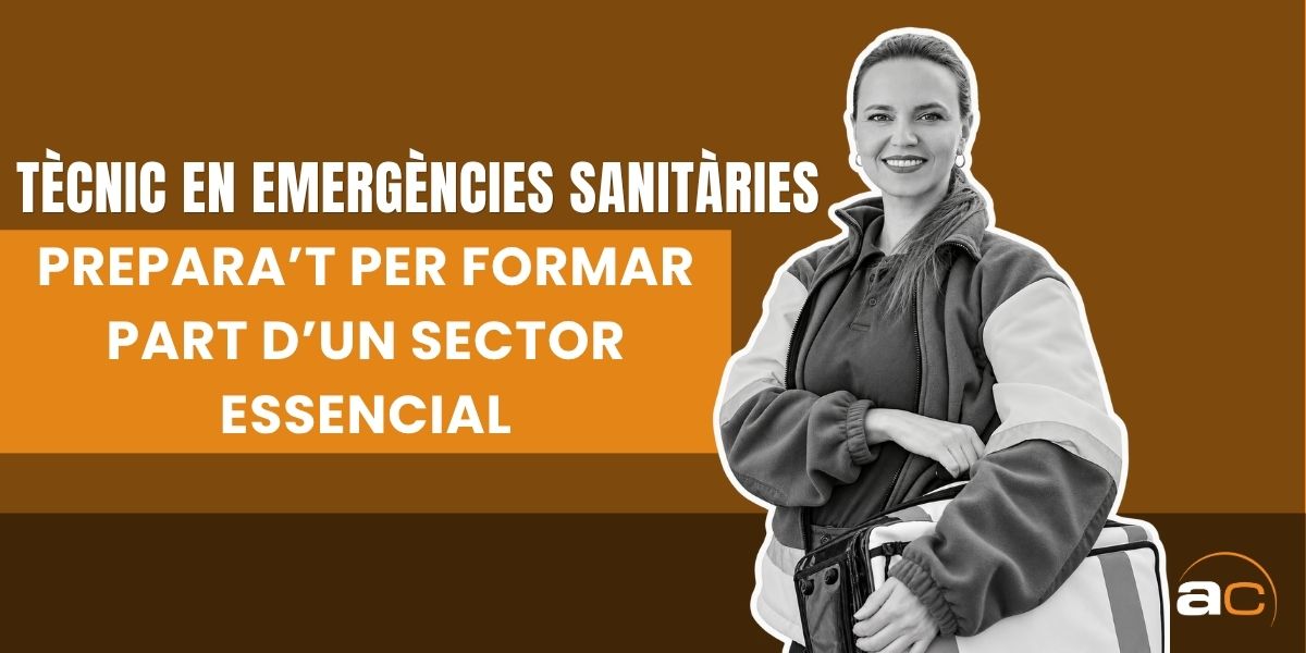 Imatge promocional d’AulaCat sobre la formació de Tècnic en Emergències Sanitàries, una professió vinculada a l’atenció, el trasllat de pacients i la intervenció en situacions d’emergència. La creativitat destaca el caràcter essencial d’aquest perfil professional i el seu component humà.