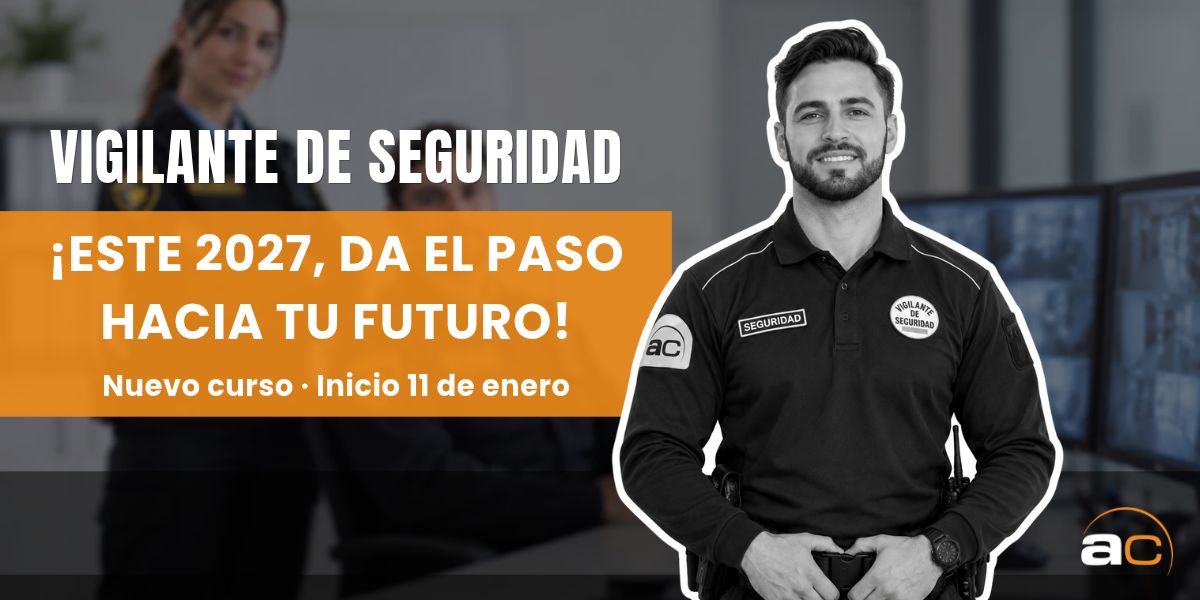 Imagen promocional del nuevo curso de Vigilante de Seguridad en Tarragona de AulaCat, que comienza el 11 de enero de 2027. El diseño muestra a un vigilante de seguridad uniformado en blanco y negro, sobre un fondo de una sala de control de seguridad, con los colores corporativos de AulaCat.

La formación es presencial, de lunes a viernes, de 9:30 a 13:30 h, e incluye contenidos teóricos y prácticos para preparar las pruebas de habilitación profesional y avanzar hacia la obtención de la TIP.

Información e inscripciones: 977 252 795.