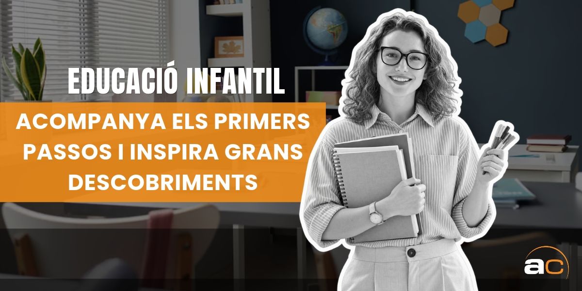 Imatge promocional del curs de preparació de Tècnic Superior en Educació Infantil d'AulaCat. La composició mostra una educadora somrient en blanc i negre, amb llibres, llibretes i material escolar, sobre un fons d'aula educativa.

El disseny incorpora el missatge motivacional «Acompanya els primers passos i inspira grans descobriments», destacant la importància de l'educació durant els primers anys de vida.

AulaCat ofereix una formació 100% online per preparar les proves lliures de Tècnic Superior en Educació Infantil, dirigida a persones que volen desenvolupar la seva vocació, ampliar les seves oportunitats laborals i treballar en l'àmbit de l'educació infantil.