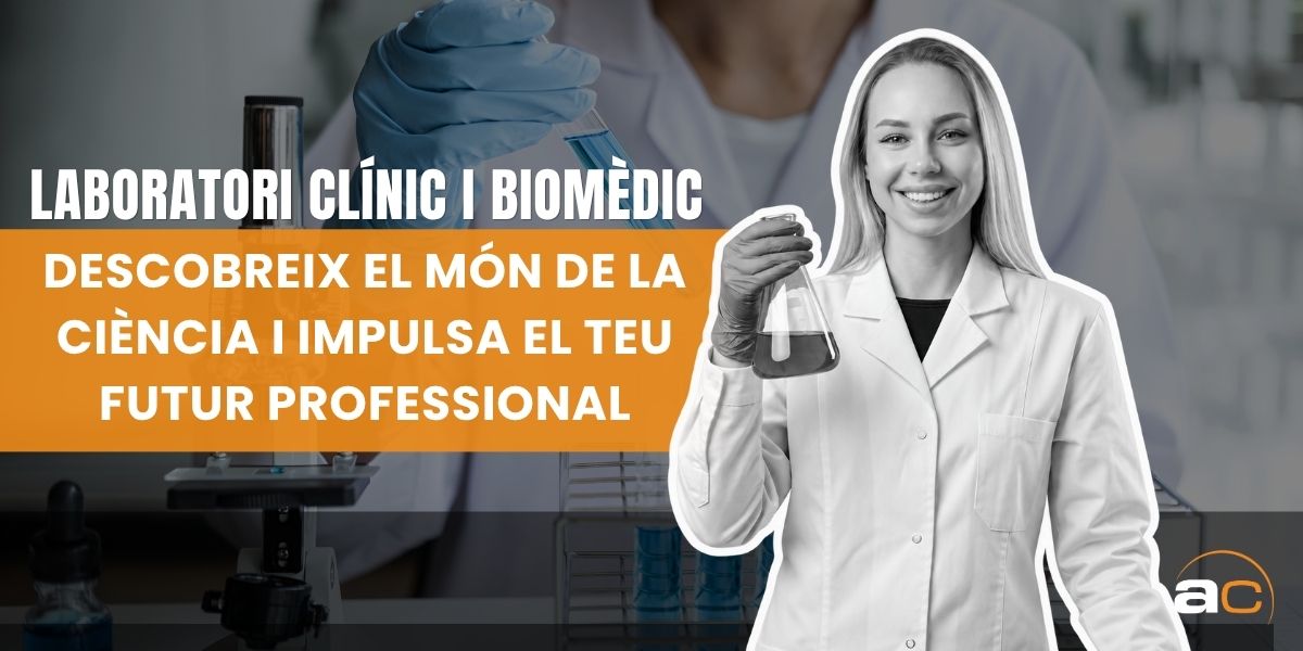 Imatge promocional del curs de preparació de Laboratori Clínic i Biomèdic d'AulaCat. La composició mostra una professional de laboratori en blanc i negre, amb bata blanca i un matràs, sobre un fons d'equipament científic. Inclou el missatge «Descobreix el món de la ciència i impulsa el teu futur professional». AulaCat ofereix formació 100% online per preparar les proves lliures del cicle formatiu de grau superior de Laboratori Clínic i Biomèdic, amb una metodologia flexible i adaptada a persones adultes.